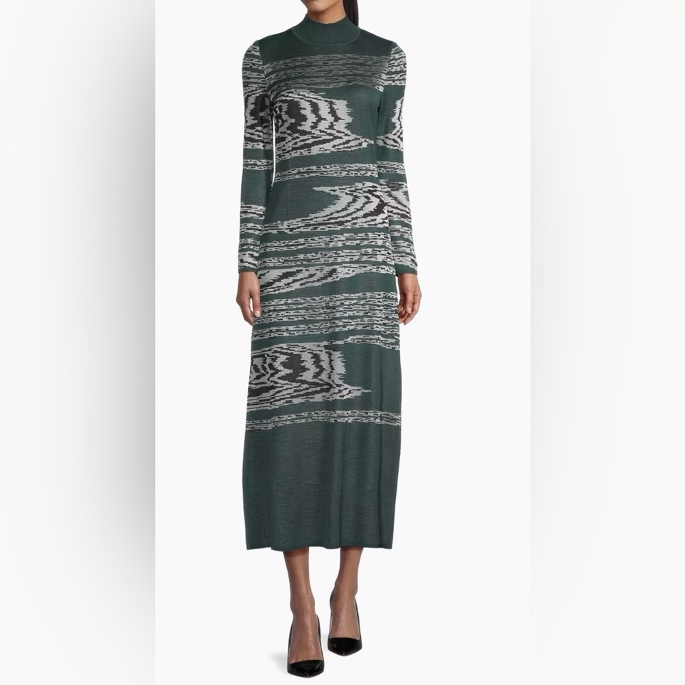 Misook Forest Green and Gray Abstract Knit Long Sleeve Midi Dress